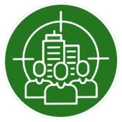 Chamber's Logo. It shows line art of three people in front of a building, both inside a target, all inside another circle.